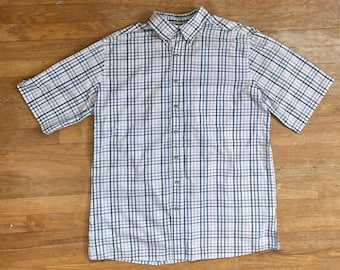 Vintage Mens Plaid Shirt Size XL Tall 1990s Tartan Poplin Short Sleeve Collared