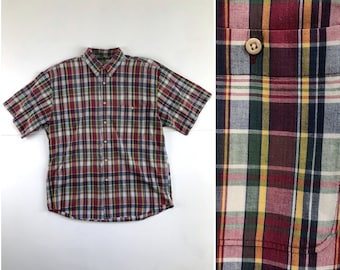 Vintage Mens Plaid Shirt | 90s Eddie Bauer Tartan Cotton Button Down Shirt | Mens Size XL