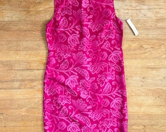 Vintage Floral Batik Print Silk Dress Size Small 90s Pink Dupioni Sleeveless