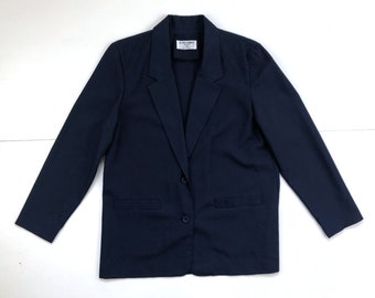 Vintage Navy Blue Blazer | 90s Washable Woven Jacket with Pockets | Womens Size Large