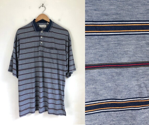 Vintage Mens Striped Polo Shirt | 80s Cotton Blen… - image 1