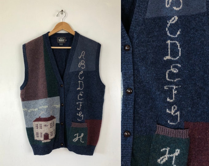 Vintage Teacher Sweater Vest 80s Alphabet Schoolhouse Button Etsy