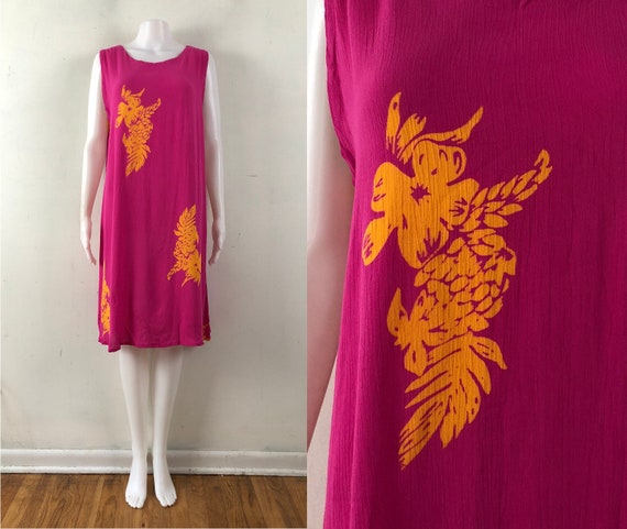 Vintage Hawaiian Dress | 90s Floral Rayon Hot Pink