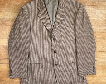 Vintage Herren Chenille Wolle Blazer Größe 42R 1990s Braun / Beige Gestreifte Anzugjacke