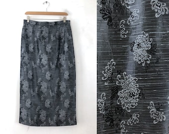 Vintage Floral Jacquard Skirt | 90s Slate Gray Synthetic Dupioni Midi Skirt | Womens Size Large