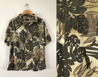 Vintage Mens Hawaiian Shirt | 90s Green Palm Leaf Print Rayon Shirt | Mens Size Large