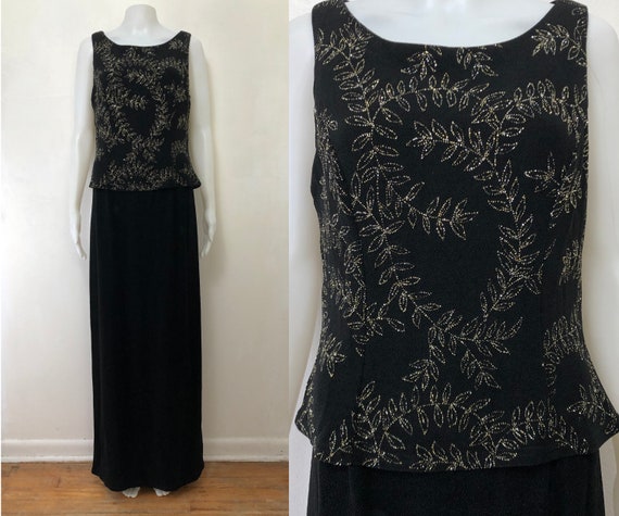 Vintage Black Maxi Dress with Glitter Leaves | 90… - image 1