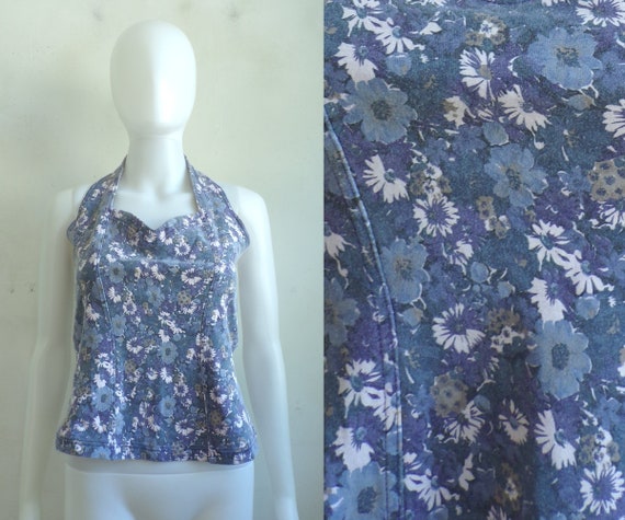 vintage floral crop top 80s purple flower print 19