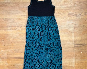 Vintage Carole Little Floral Filigree Maxi Dress Size Small 6 Knit Bodice 90s Sleeveless Cottagecore Black/Green