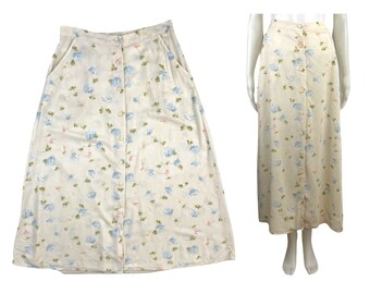 Vintage Floral Print Skirt Womens Size Large | 31-32" Waist | 1990s Cream Gauze Rayon Maxi with Pockets