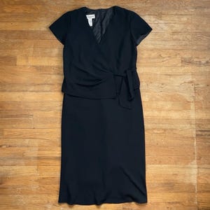 Vintage Schwarzes Crepe Maxi Kleid Damen Größe L 1990s Surplice Mieder A-Linie