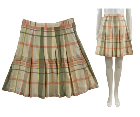 Vintage Plaid Mini Skirt | 90s Pleated Cotton Ski… - image 1