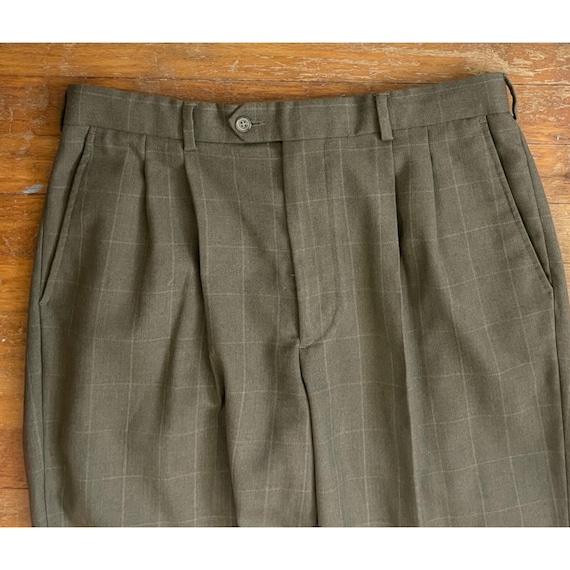Vintage Mens Double Pleated Plaid Pants Size 32x29 1990s Olive 