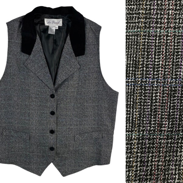 Vintage Plaid Vest with Velvet Collar | 90s Glen Tartan Waistcoat | Womens Size Large