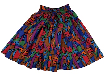 Vintage Colorful Cotton Skirt Womens Size S/M | 27-30" Waist | 90s Geometric African Print Wide Cut Full