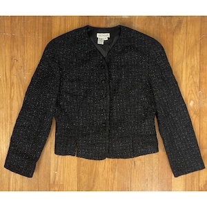 Vintage Black Metallic Tweed Jacket Womens Size Medium 1990s Woven Wool Blend Cropped Blazer