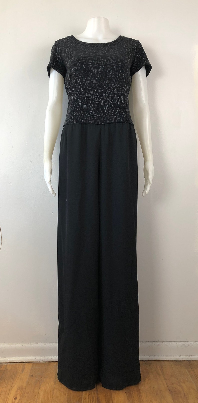 80s Wide Leg Fancy Jumpsuit Vintage Black Glitter Jumpsuit Womens Size Large
