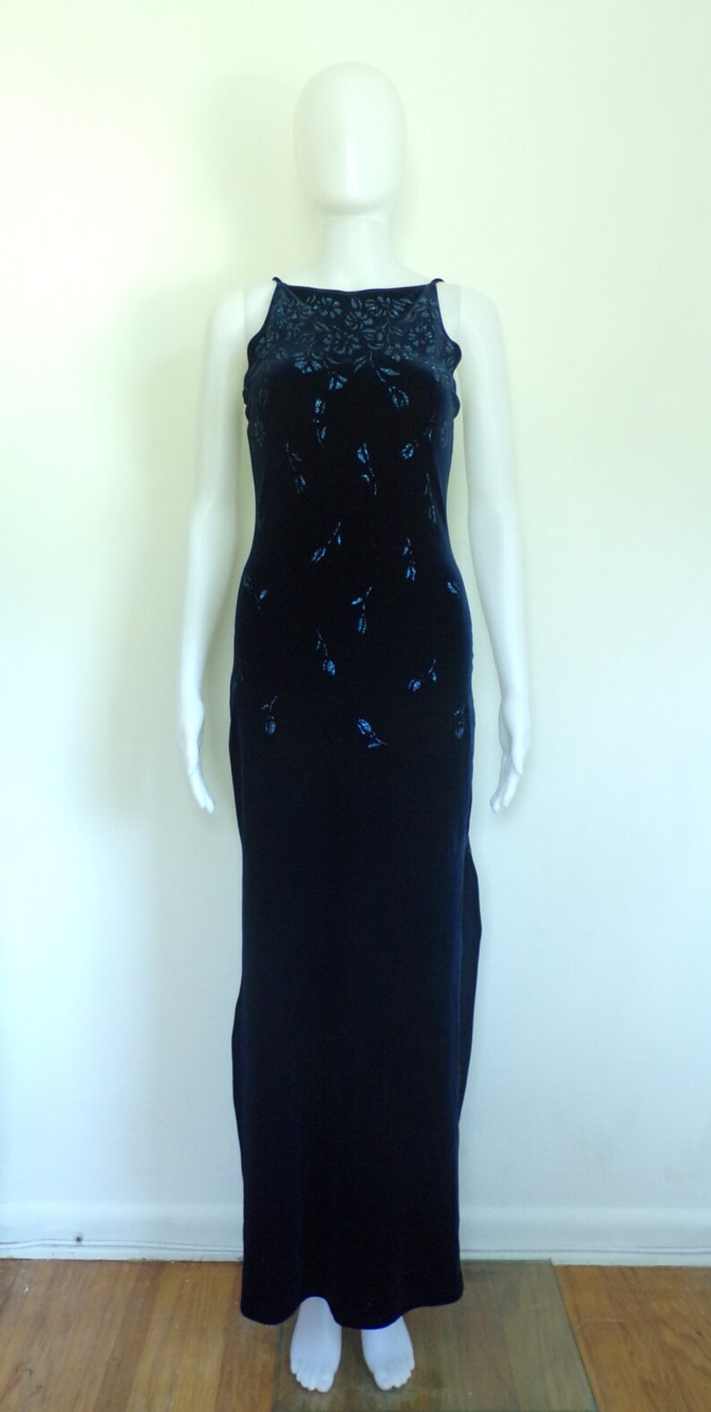 midnight blue maxi glitter flowers fancy maxi sleeveless bodycon dress 1990s 90s crushed velvet dress size xs small