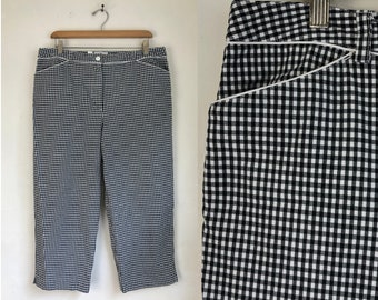 Vintage Checkered Cotton Capris | 90s Talbots Black & White Plaid Cropped Capri Pants with Pockets | Womens Size XL | 35" Waist