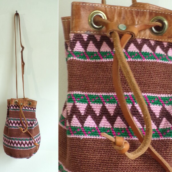 70s southwestern handbag, tapestry & leather crossbody bag, 1970s woven tribal bag, shoulder bag, handbag purse, pink brown green