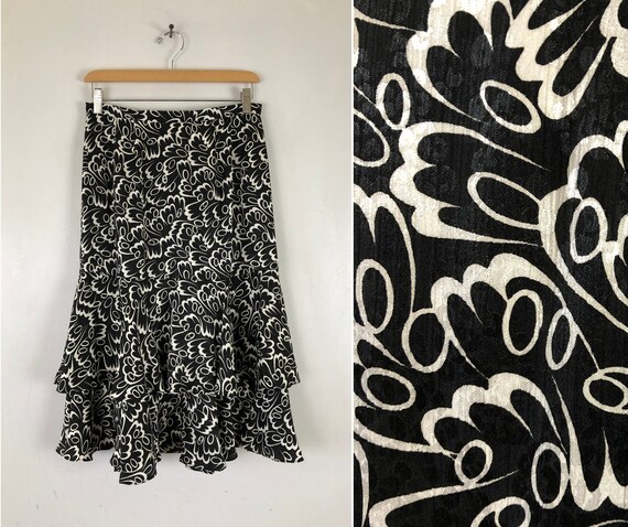 Vintage Floral Flounce Skirt | 80s Black & White T