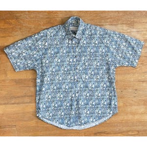 Vintage Mens Hawaiian Shirt Size Medium 1990s Geometric Floral Print Cotton