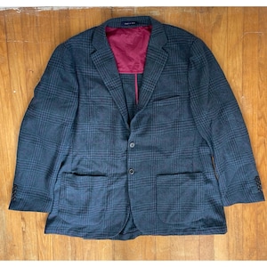 Vintage Mens Blue Plaid Blazer Size 46 1990s Wool Blend Sport Coat Suit Jacket