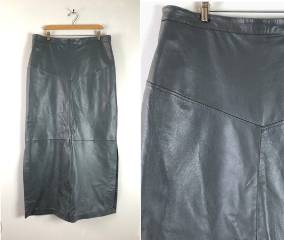 Vintage Leather Maxi Skirt | 70s Gray Genuine Soft
