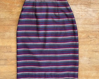 Vintage Colorful Striped Skirt Size Small 27" Waist 1970s Handmade Straight Cut