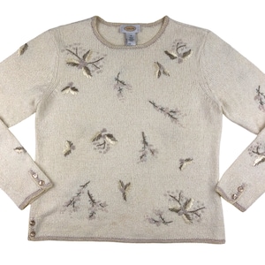 Sweter z haftem kwiatowym w stylu vintage | Sweter z dzianiny bawełnianej/ramii w kolorze kremowym z lat 90. | Rozmiar damski M