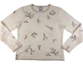 Vintage Floral Embroidered Sweater | 90s Cream Knit Cotton/Ramie Sweater | Womens Size Medium