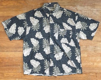 Chemise hawaïenne en soie pour homme vintage taille XL des années 90, imprimé floral feuille de palmier boutonné
