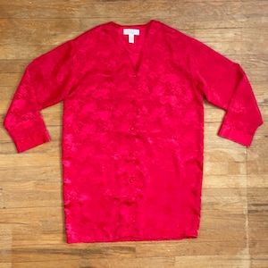 Vintage Floral Satin Nightshirt Womens Size Large 1990s Red Embossed Nightgown