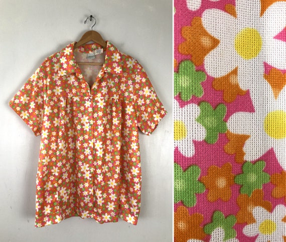 Vintage Floral Print Blouse | 80s Neon Flower Patt