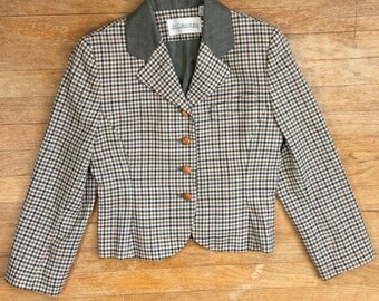 Blazer corto vintage a cuadros para mujer, talla pequeña, chaqueta deportiva de lana de los años 80, color beige/verde.
