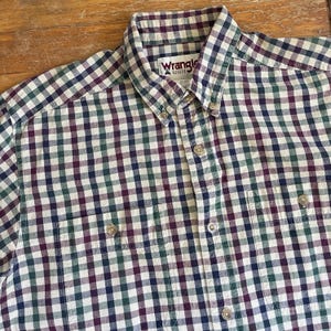 Vintage Mens Wrangler Plaid Shirt Size Large 1990s Long Sleeve Checkered Cotton