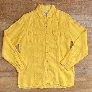 Vintage Yellow Linen Shirt Size Small 1990s Chicos Button Down Collared Top