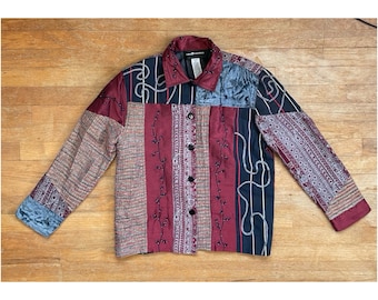 Vintage Patchwork Fabric Jacket Size Medium 1990s Beaded Faux Silk, Velvet, Tapestry