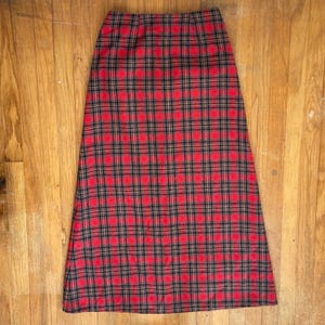 Vintage 1960s Plaid Wool Skirt Womens Size Small 27&quot; Waist 60s Red Tartan Maxi