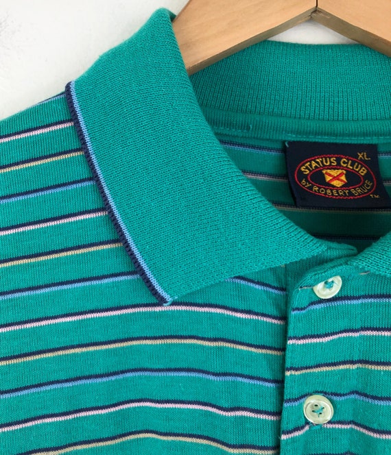 Vintage Mens Striped Polo Shirt | 70s Teal Fine K… - image 4