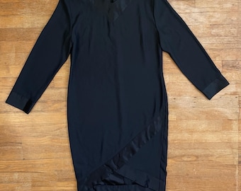 Vintage Crepe & Satin Dress Size Medium 1970s Black Long Sleeve Sheath