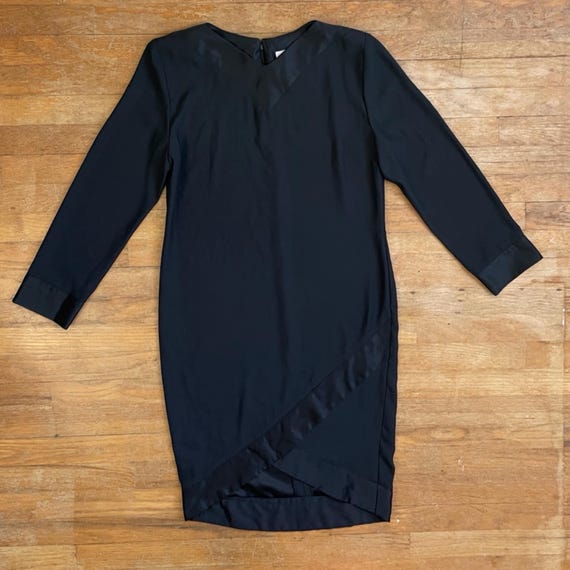 princess polly baby blue dress Vintage Crepe & Satin Dress Size Medium 1970s Black Long Sleeve Sheath