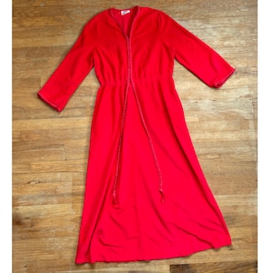 Vintage Red Velour Nightgown Size Medium 1970s Maxi Long Sleeve Loungewear Dressing Gown with Pockets