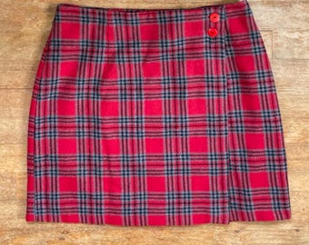 Vintage Karierter Wickelrock Größe S 71cm Taille Schurwolle Wollmischung Rot 1990er Jahre