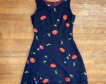 Vintage Floral Dress Size Small (6P) 1990s Sleeveless Crepe A-Line Sundress