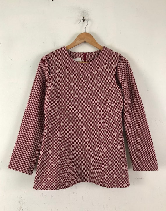 Vintage Checkered & Polka Dot Top | 60s Burgundy … - image 2