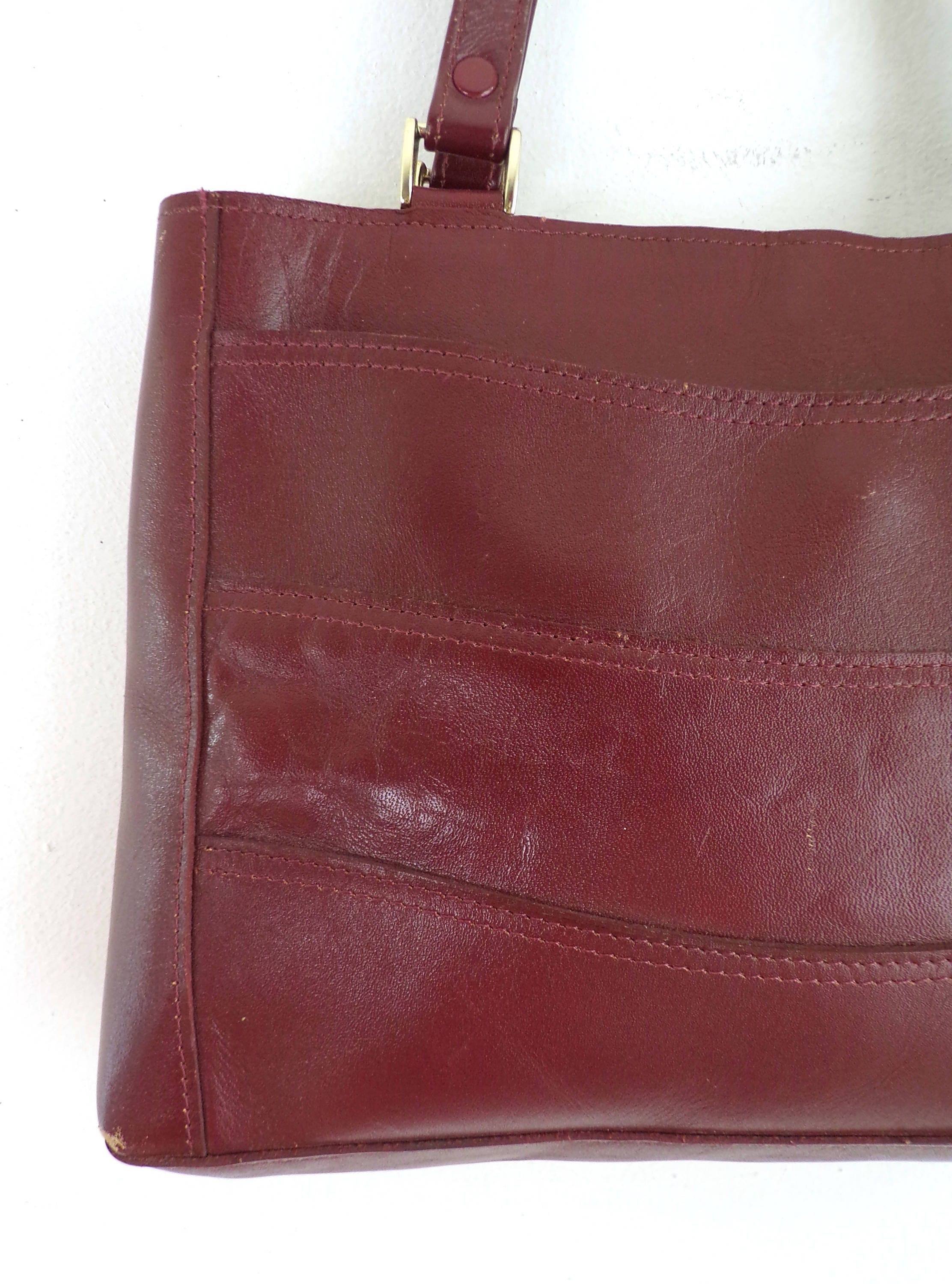 Dark Red Leather Bag Top Stitch Leather Handbag 70s Minimalist - Etsy