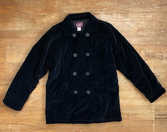 Vintage Black Quilted Velvet Coat Size Medium 1990s Double Breasted Peacoat