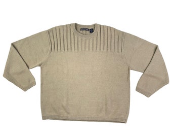 Vintage Mens Ribbed Knit Sweater Size XL | 1990s Beige Ramie/Cotton Crewneck