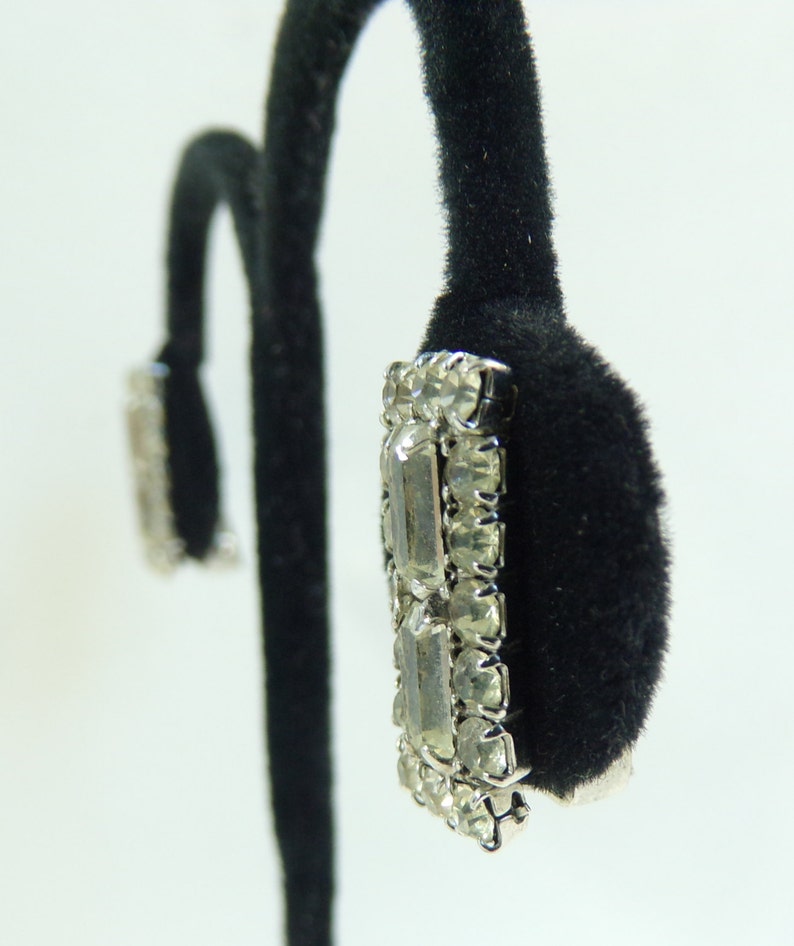 60s crystal rhinestone earrings 1960s mad men fancy evening earrings square minimalist clip on vintage earrings costume jewelry